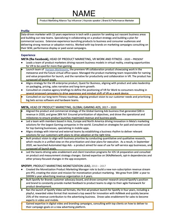 Marked-up great product marketing resume
